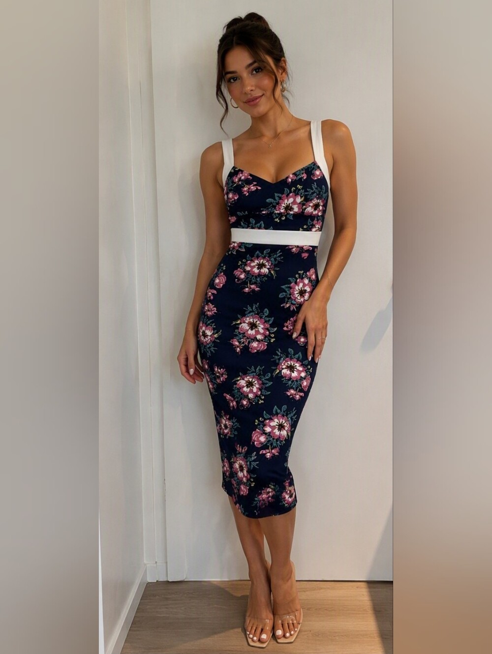 Unique Vintage Navy Dress with Pink Floral